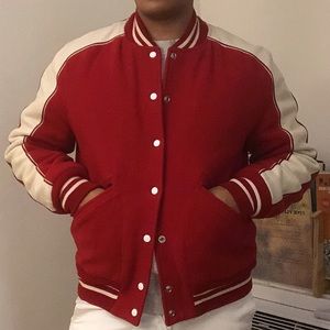 Sandro Paris red and white wool varsity jacket